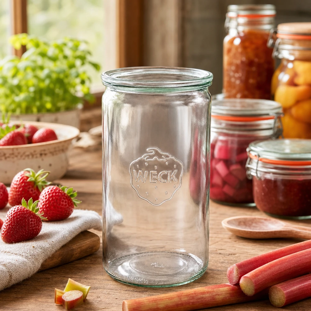 Vaso cilindrico da 1590 ml con coperchio in vetro WECK RR100 WECK barattolo per conserve 1590ml in cucina rustica con barattoli per marmellata fragole rabarbaro accessori da cucina coperchio in vetro