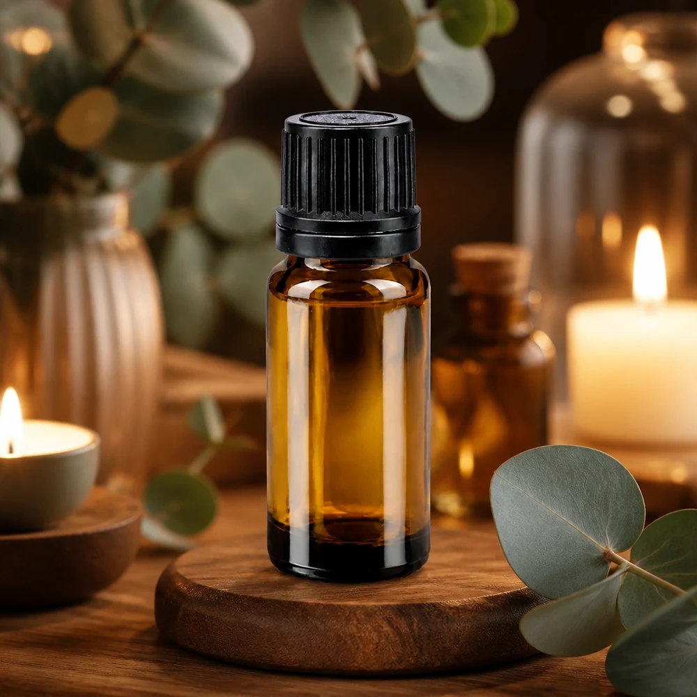 Flacone contagocce marrone da 10ml OV nero/1mm ApoGlas Piccolo flacone contagocce marrone da 10 ml con tappo di sicurezza nero a prova di bambino su un sottobicchiere di legno