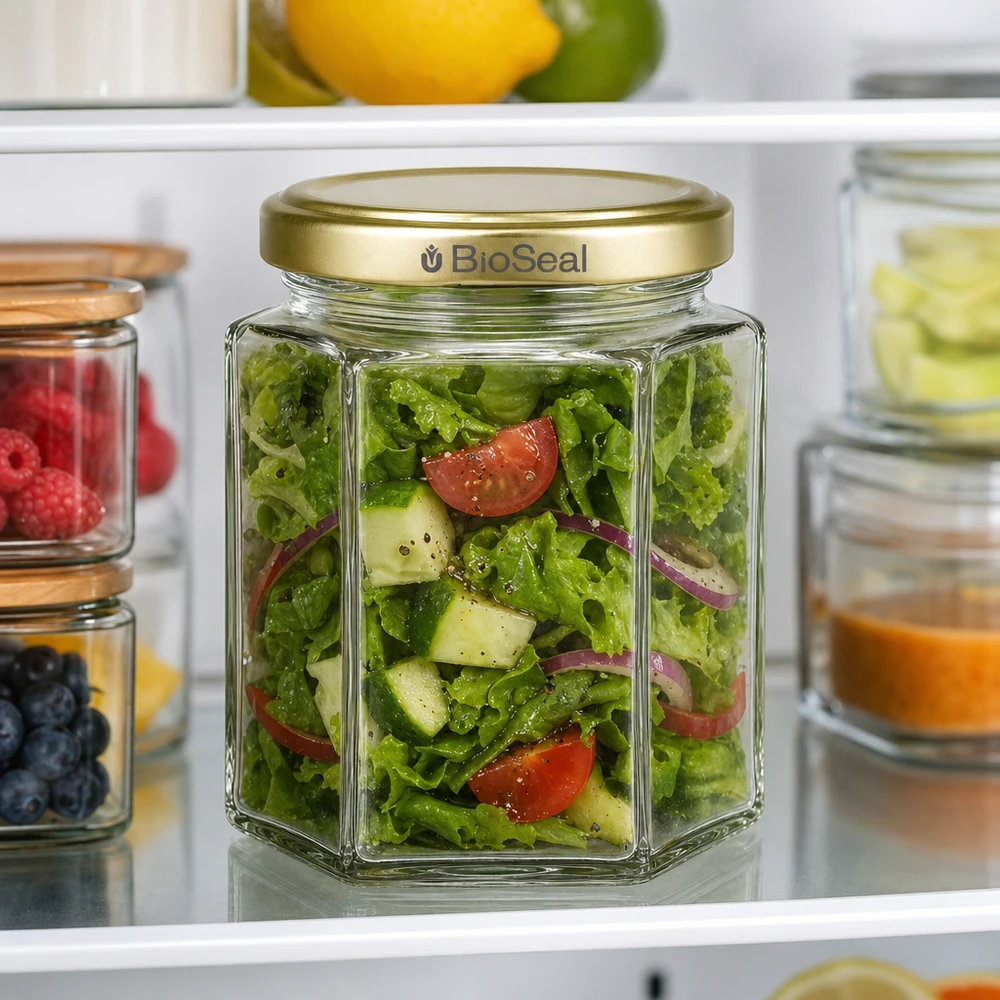 Vasetto per miele da 250 g con capsula dorata BioSeal UNiTWIST 250g BioSeal barattolo di miele riempito con insalata coperchio dorato frigorifero pasto preparazione stoccaggio barattolo cucina