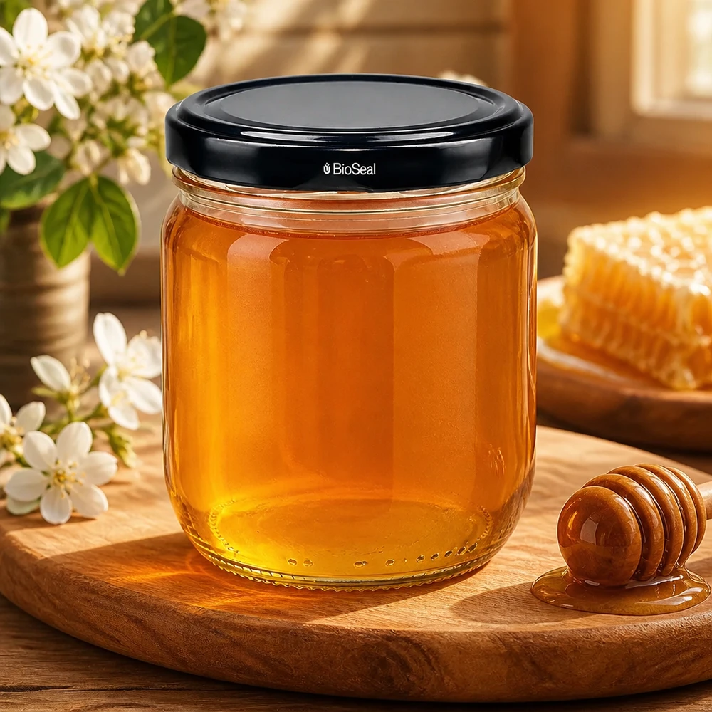Vaso rotondo da 425 ml con coperchio nero BioSeal riempito di miele, accanto a cucchiaio e fiori su tavola di legno.
