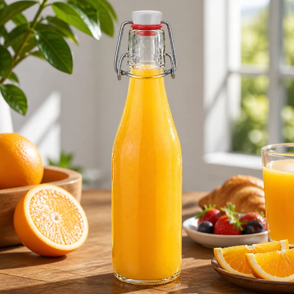 Bottiglia di vetro da 250 ml + tappo girevole in PVC UNiTWIST Bottiglia in vetro da 250 ml con tappo oscillante riempita di succo d'arancia, scena decorativa in cucina con arance e bacche fresche