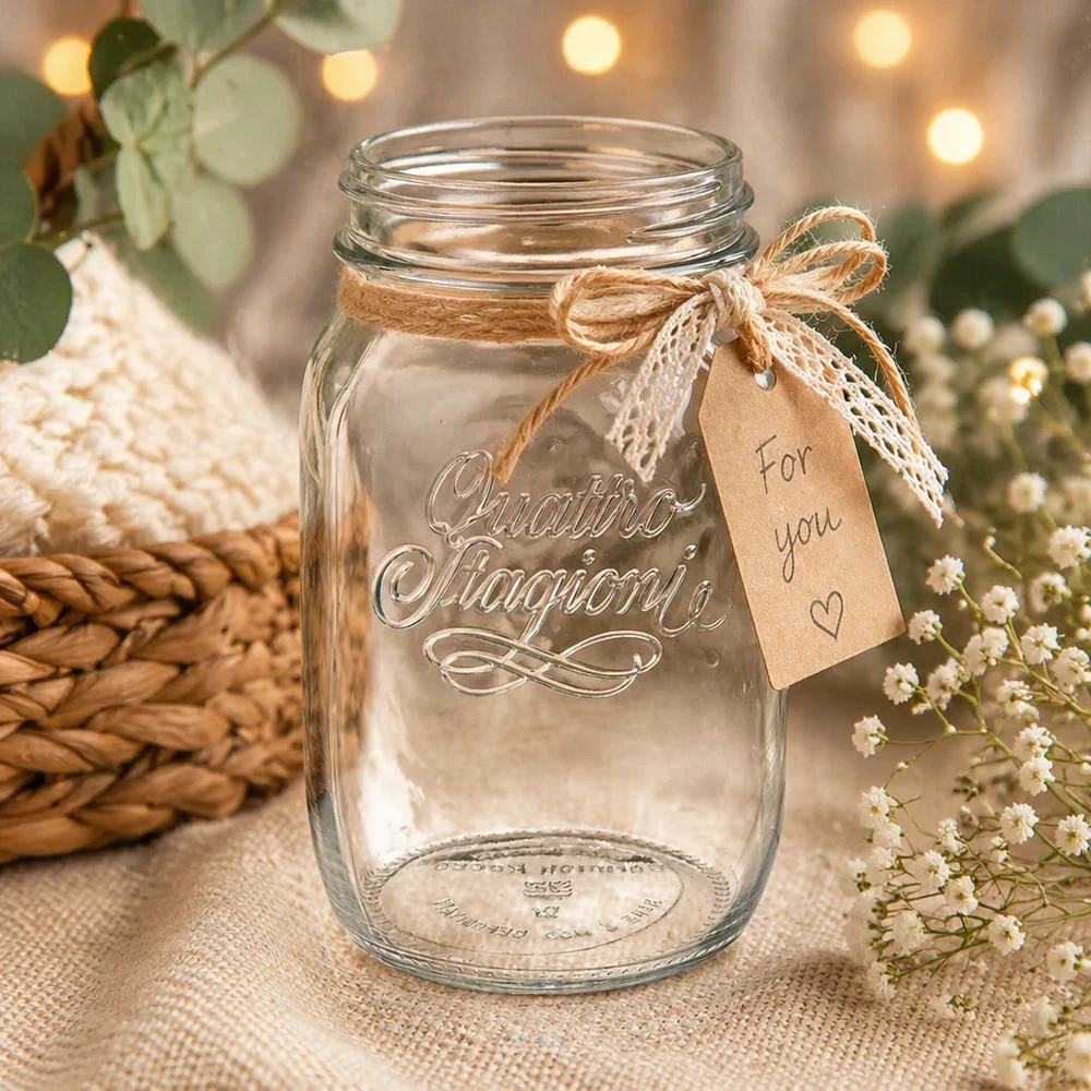 Bicchiere da 1000ml Quattro Stagioni con decorazione rustica e ciondolo For You su sfondo naturale