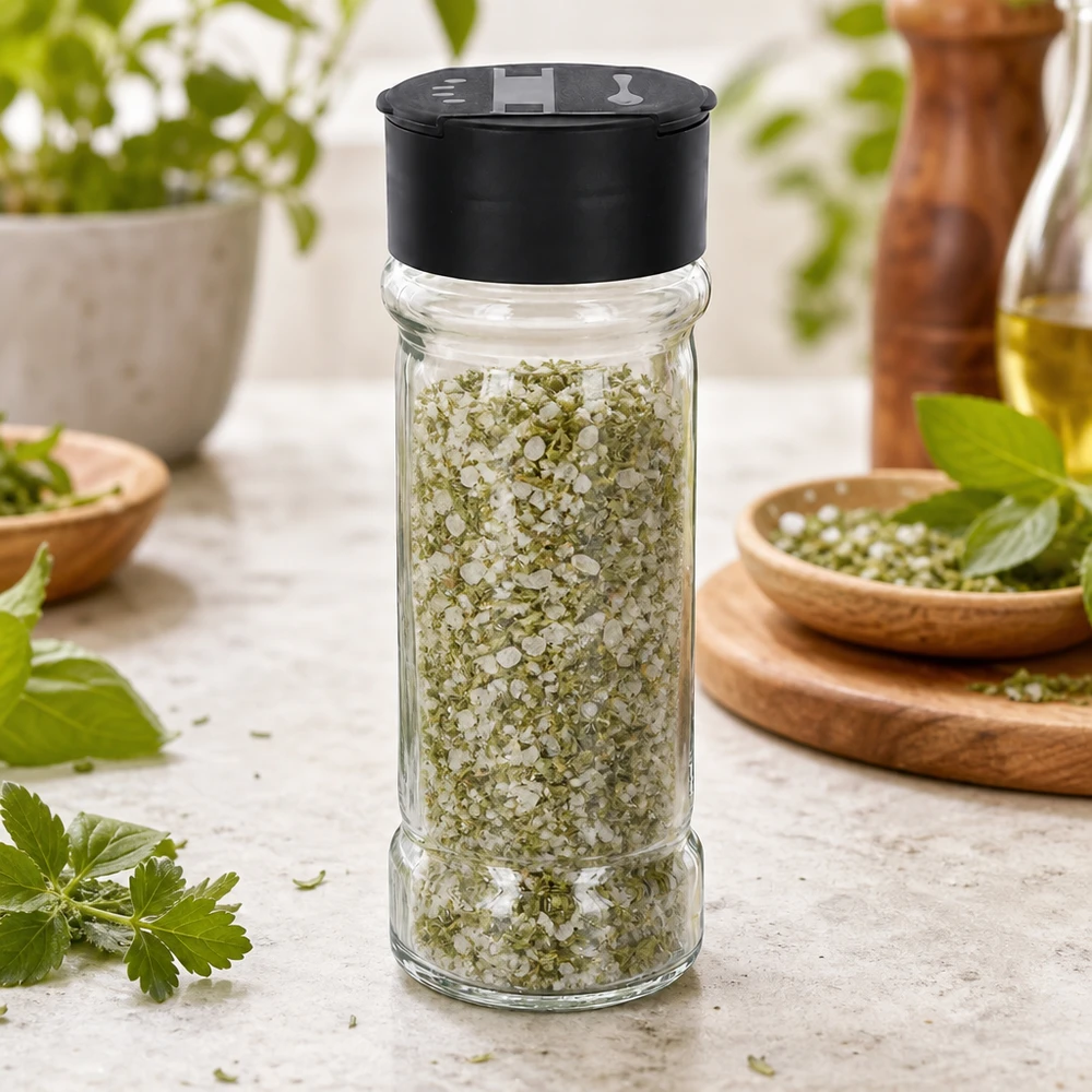 Barattolo per sale e spezie da 100 ml con doppio dosatore, nero Barattolo di sale alle erbe da 100 ml con coperchio nero a doppia spargitrice su base in marmo chiaro
