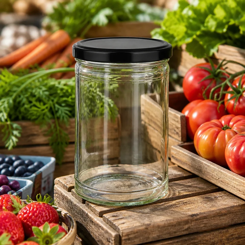 Vaso da 1053 ml con coperchio BasicSeal nero UN... Vaso mason vuoto da 1053 ml con coperchio nero su tavola di legno circondato da verdure fresche pomodori carote fragole