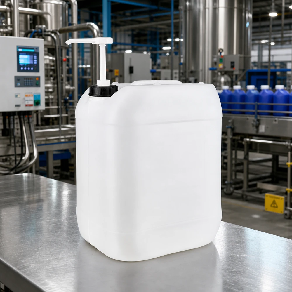 Tanica industriale trasparente da 20 litri con erogatore a pompa in un moderno impianto di riempimento