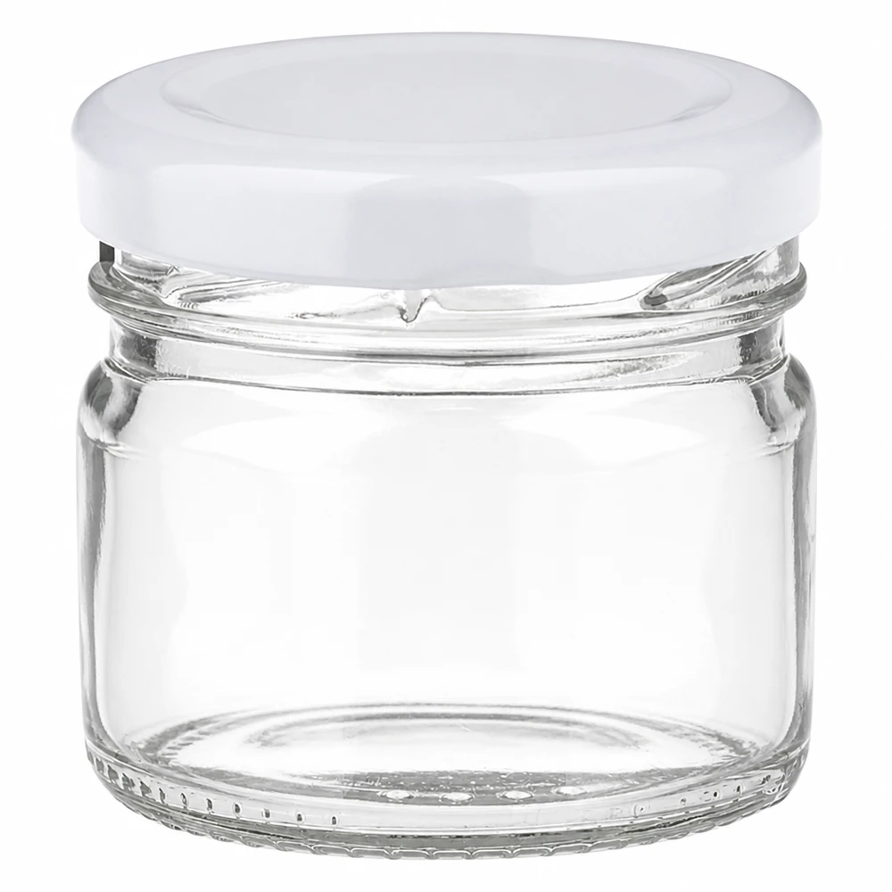 Vaso rotondo in vetro da 33 ml + coperchio BasicSeal bianco UNiTWIST Piccolo barattolo di vetro da 33 ml con coperchio bianco, ideale per marmellate e spezie