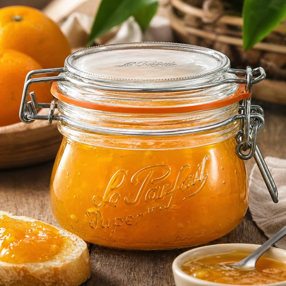 Barattolo Le Parfait Super da 250 ml con tappo girevole riempito di marmellata di arance su un tavolo di legno con arance fresche