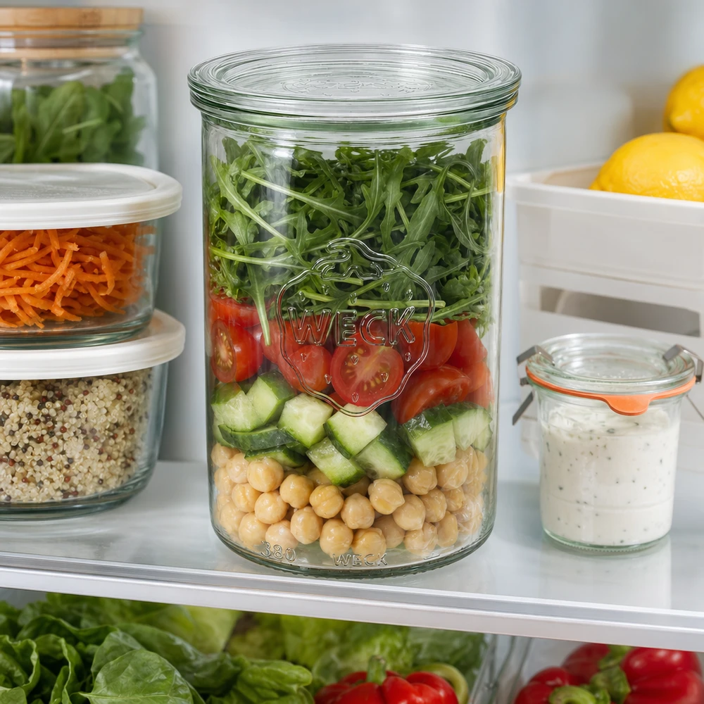 WECK 1000ml RR100 mason jar in frigo con preparazione di insalata insieme ad altri barattoli di conservazione con ceci