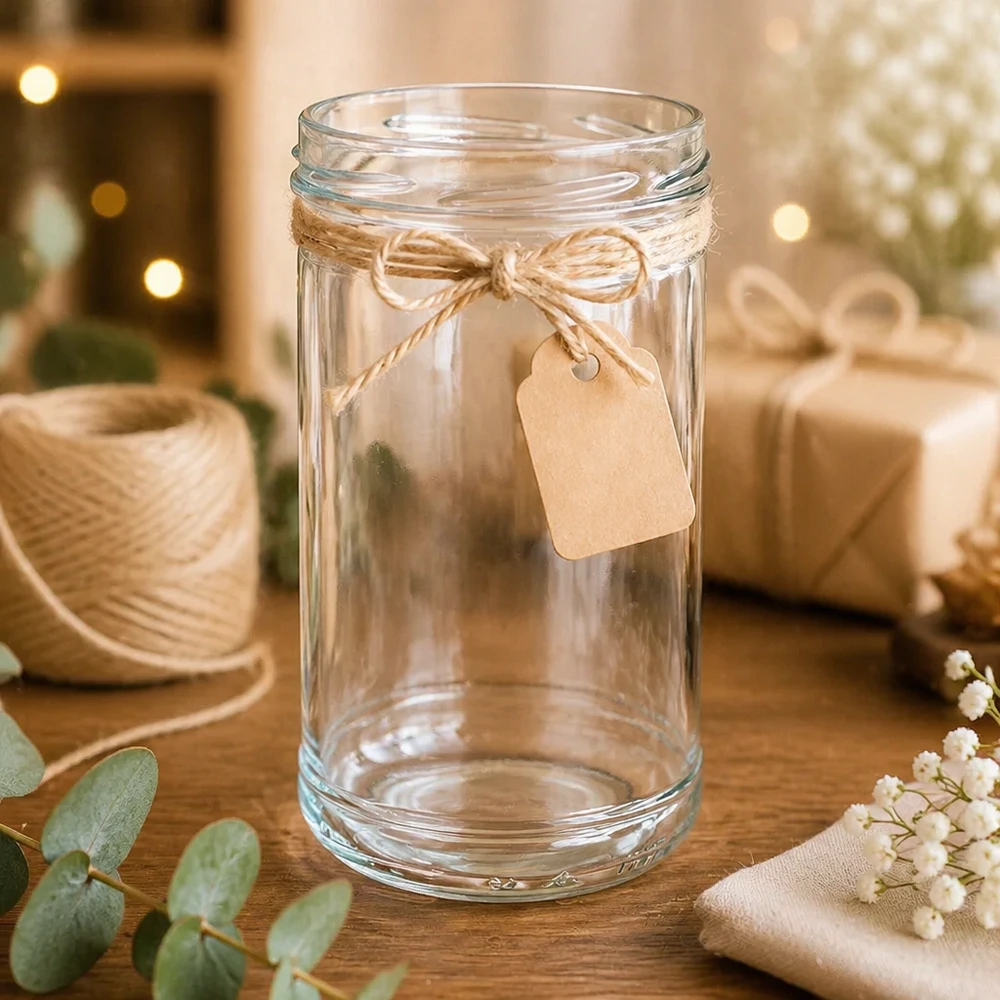 UNiTWIST Sturz1053 - Bicchieri capacità 1053ml TO100 Bicchieri UNiTWIST da 1053 ml con decorazione rustica, cordoncino di iuta e cartellino regalo disposti su un tavolo di legno