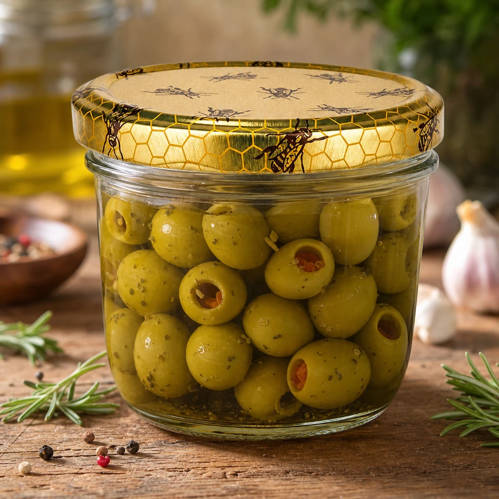 Barattolo di vetro da 230 ml + coperchio BasicSeal a nido d'ape UN. Vaso di vetro da 230 ml con coperchio a nido d'ape riempito di olive verdi come esempio di applicazione per la conservazione