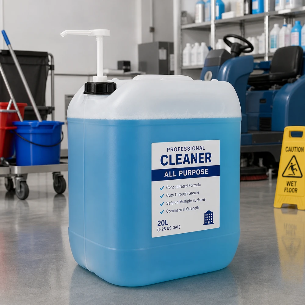 Tanica blu per detergenti da 20 litri con pompa dosatrice in un ambiente di pulizia professionale