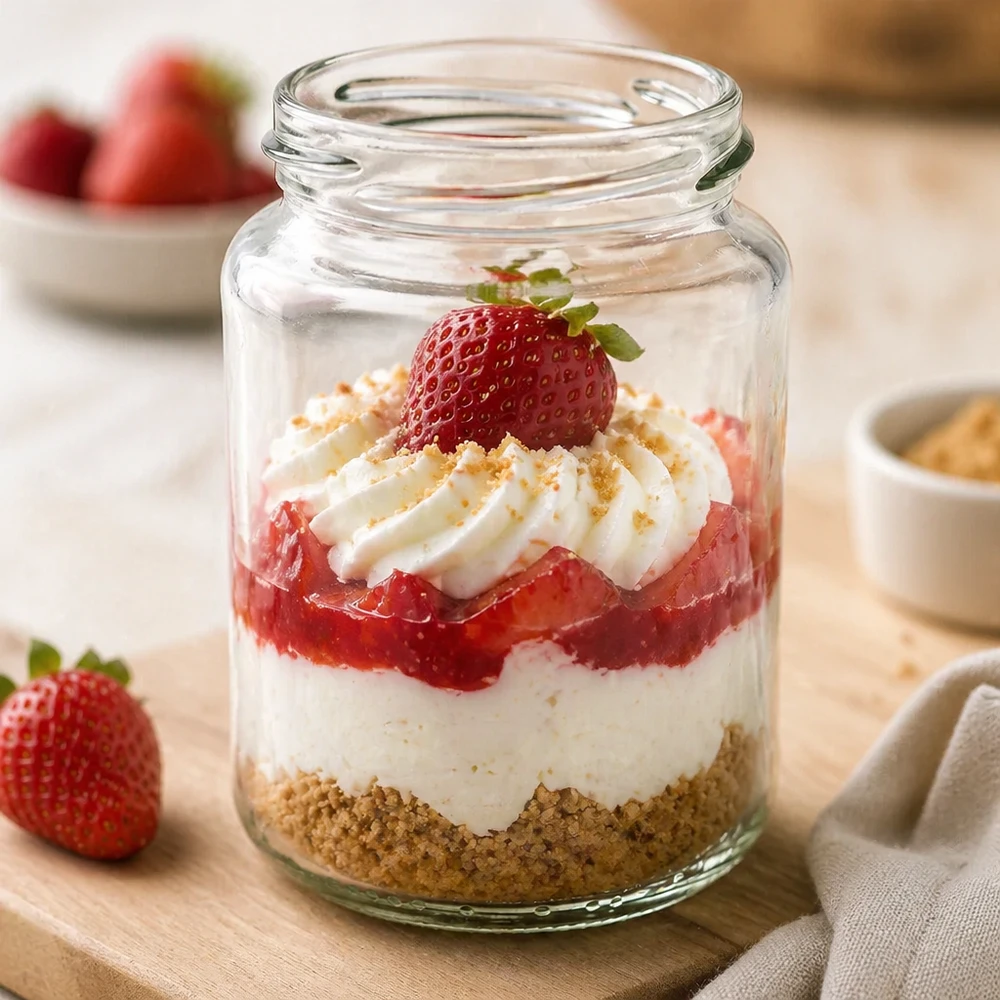 UNiTWIST Runda382 - Barattolo rotondo capacità 382ml TO66 UNiTWIST Runda382 bicchiere rotondo 382ml TO66 con dessert alla fragola Dessert a strati in un bicchiere pieno di crema e frutta