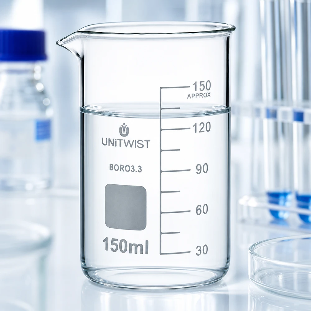 UNITWIST Bicchiere da laboratorio da 150 ml, forma alta, borosilicato 3.3, con scala graduata in millilitri su sfondo bianco