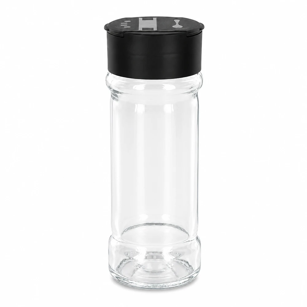 Barattolo per sale e spezie da 100 ml con doppio dosatore, nero Barattolo trasparente per sale e spezie da 100 ml con coperchio doppio dosatore girevole, colore nero
