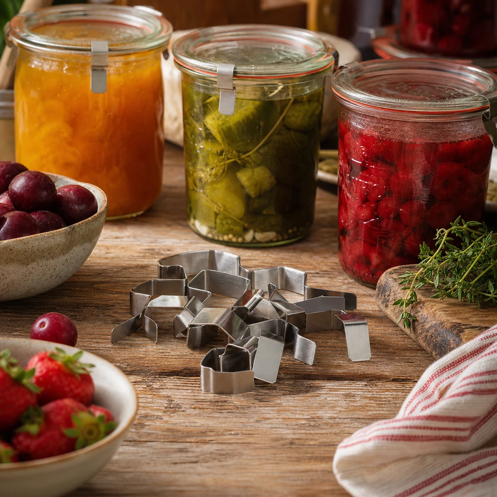 Pinza per conserve Pinze per conserve in acciaio inox in una scena di cucina con barattoli di marmellata, verdura e frutta fresca conservata
