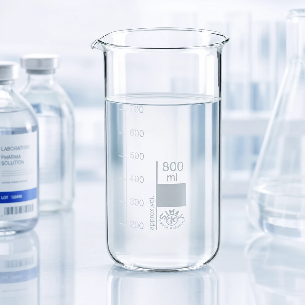 Bicchiere da 800 ml in vetro borosilicato, forma alta Bicchiere da laboratorio da 800 ml, modello alto, in vetro borosilicato trasparente, riempito con liquido limpido fino a 650 ml