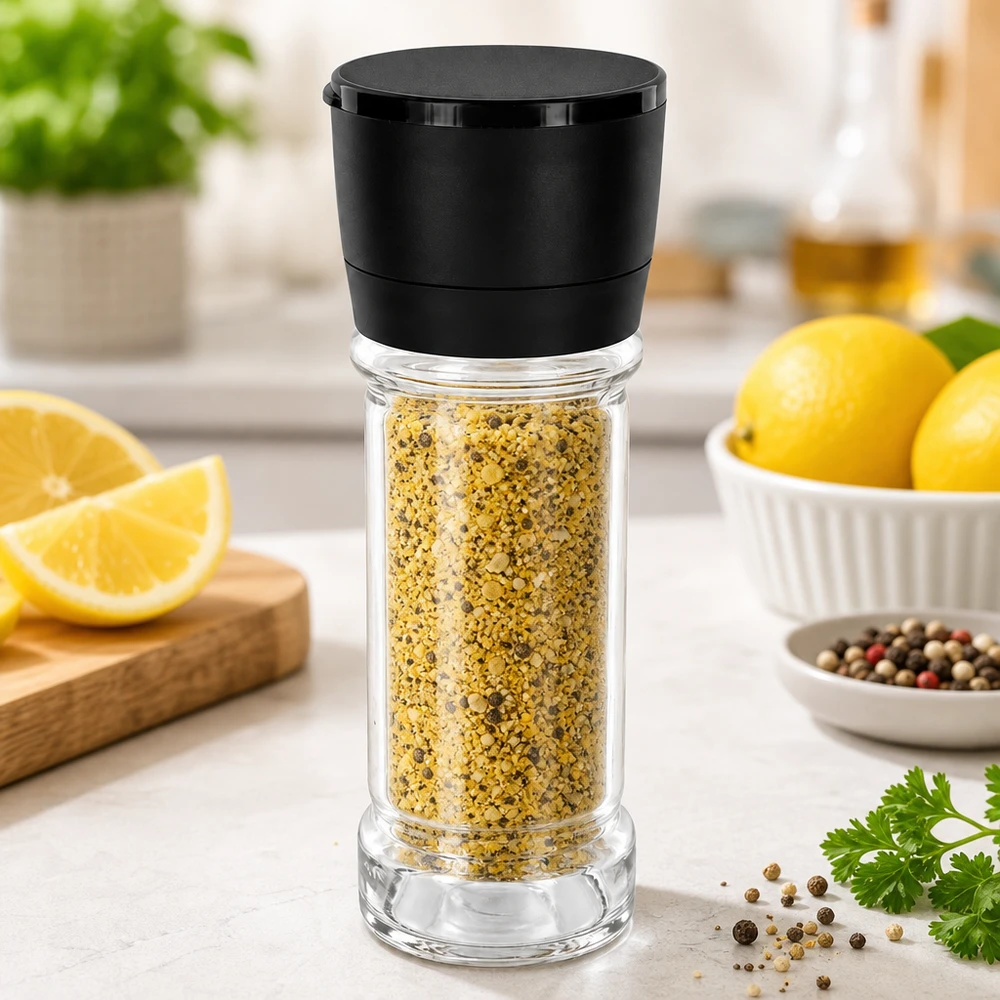Barattolo per sale e spezie da 100 ml con macinino Vario nero Barattolo di spezie al pepe e limone da 100 ml con macinino nero Vario e limoni freschi