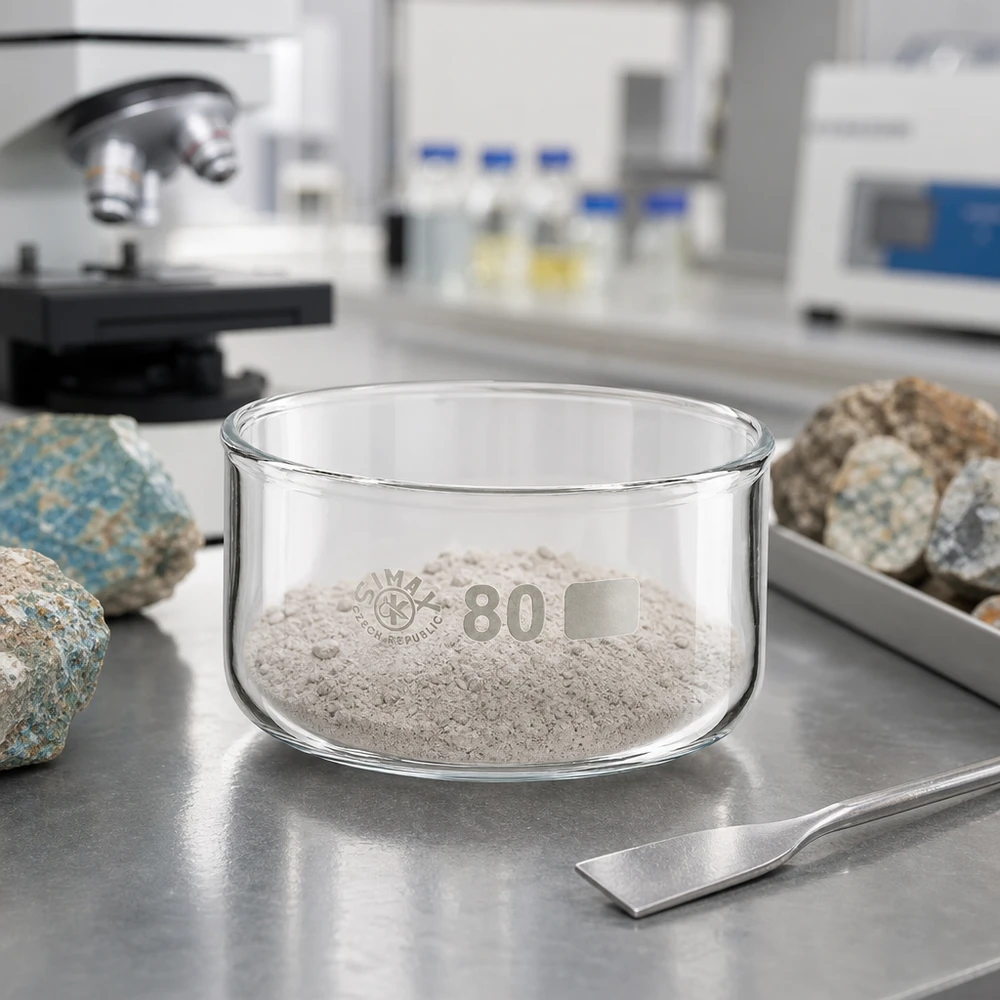Piatto per cristallizzazione da 150 ml senza beccuccio Bo. ø80mm Polvere minerale bianco-grigia in una vaschetta di cristallizzazione SIMAX da 150 ml in vetro borosilicato da laboratorio, ø 80 mm