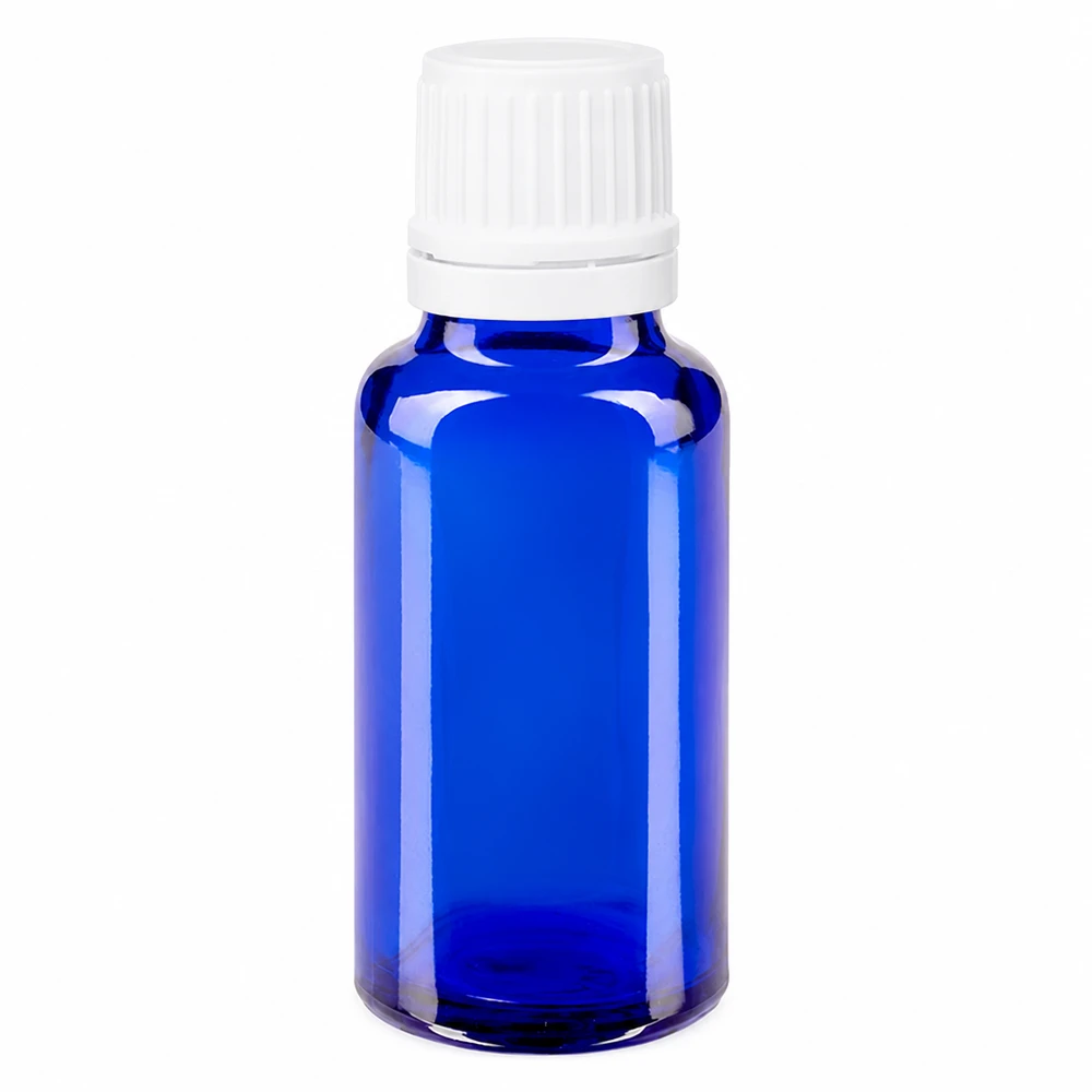 Bottiglia da farmacia blu da 20ml. SV OV bianco/11mm ApoGlas Flacone da farmacia in vetro blu da 20 ml con tappo a vite bianco da 11 mm per uso farmaceutico e cosmetico