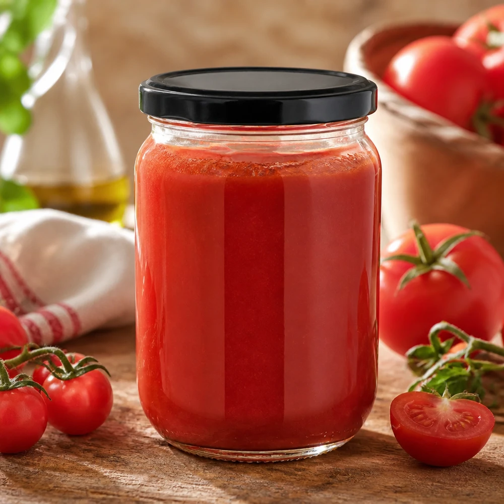 Barattolo da conservazione UniTwist da 555 ml con coperchio BasicSeal nero per prodotti a base di pomodoro a lunga conservazione