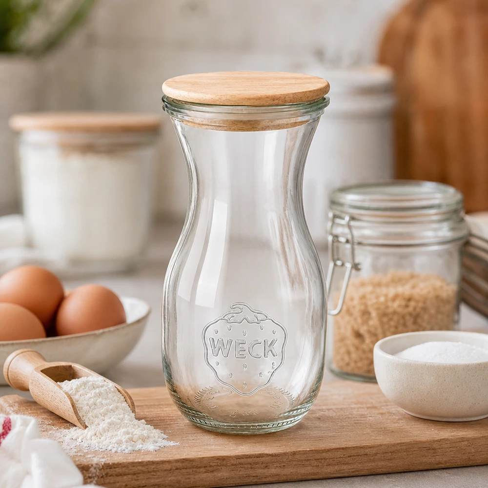 Bottiglia di succo WECK da 290 ml con coperchio in legno su una tavola da cucina tra ingredienti da forno, farina, uova e barattoli di conservazione