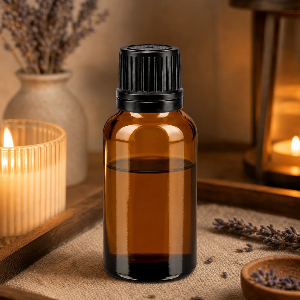 Bottiglia 20ml bre. (Glo.) Bottiglia GR OV nero/8mm ApoGlas Flacone in vetro da 20 ml color ambra con tappo originale nero per olio di lavanda ed essenze