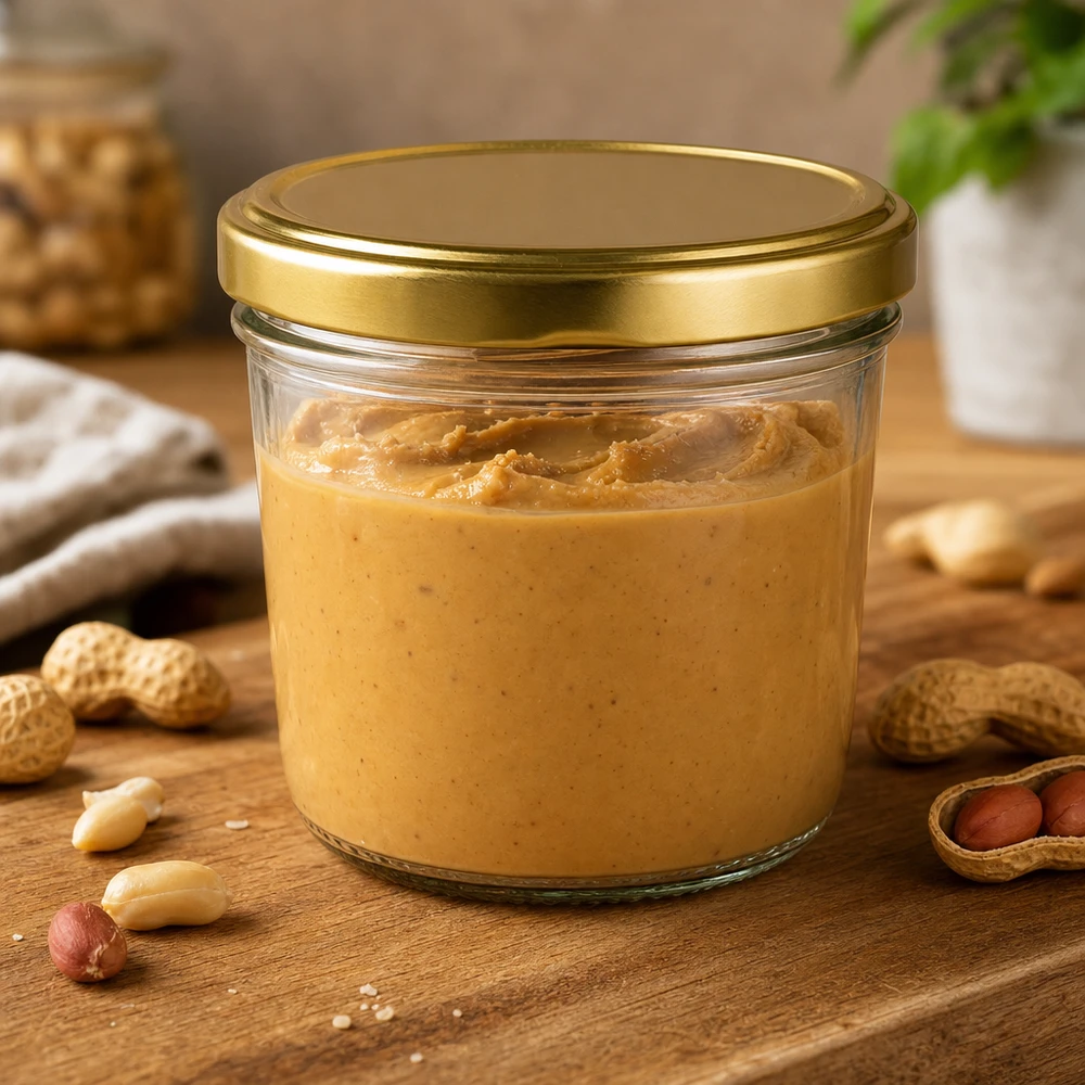 Bicchieri da 230 ml con coperchio BasicSeal oro UNiTWIST Barattolo da 230 ml con coperchio BasicSeal dorato, riempito di burro di arachidi e circondato da noccioline su una tavola di legno.