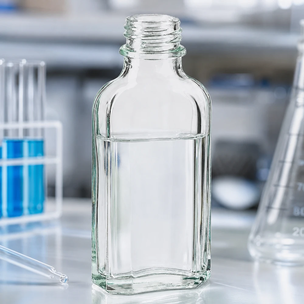 Flacone Meplat da 50 ml trasparente DIN22 Flacone Meplat piatto da 50 ml, trasparente, con filettatura DIN22 e riempito per metà con un liquido trasparente