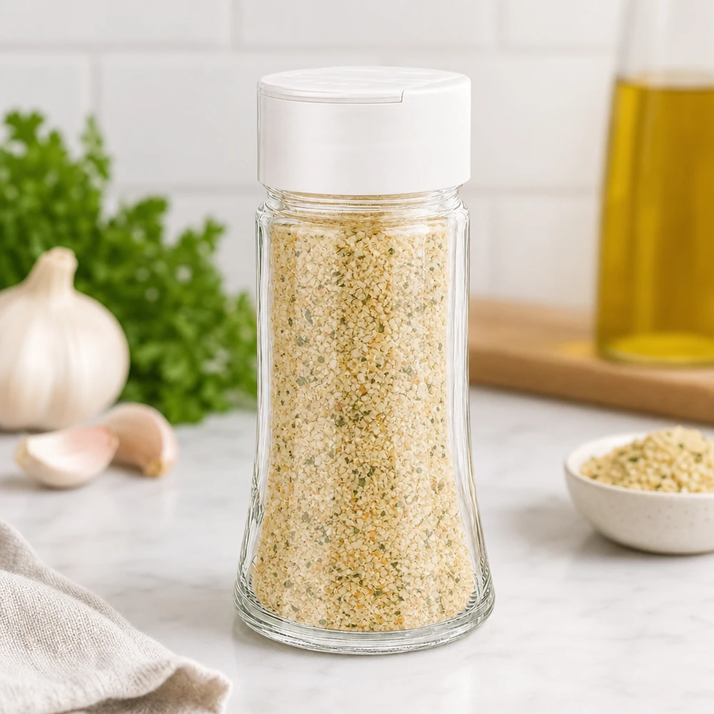 Barattolo per sale e spezie da 95 ml con doppio dosatore, bianco Barattolo per spezie da 95 ml riempito con sale all'aglio, con coperchio bianco a doppia spargitrice accanto a prezzemolo fresco