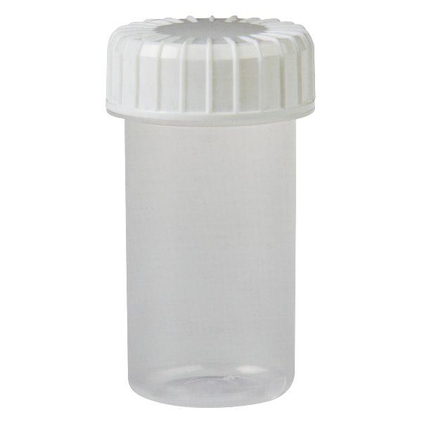 Barattolo trasparente da 20 ml con tappo a vite e versetto scanalato. Barattolo trasparente da 20 ml con tappo a vite e versetto scanalato.