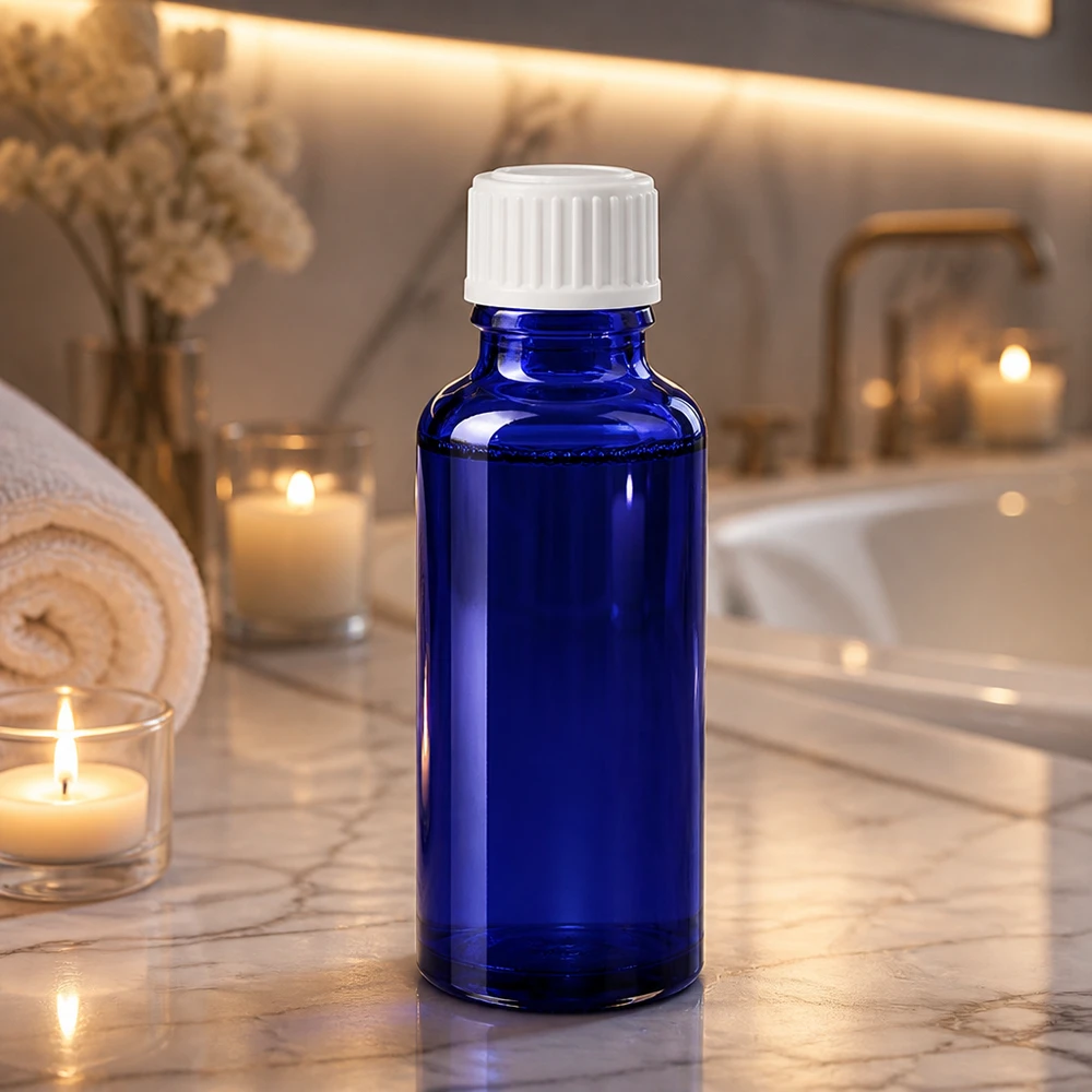 Flacone da farmacia da 30 ml blu cobalto con tappo standard bianco su un ripiano in marmo in bagno
