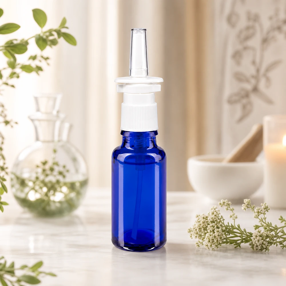 Flacone spray nasale 20ml blu bianco/tr. STD ApoGlas Vialla da 20 ml in vetro farmaceutico con erogatore bianco per spray nasale e ugello trasparente su sfondo naturale