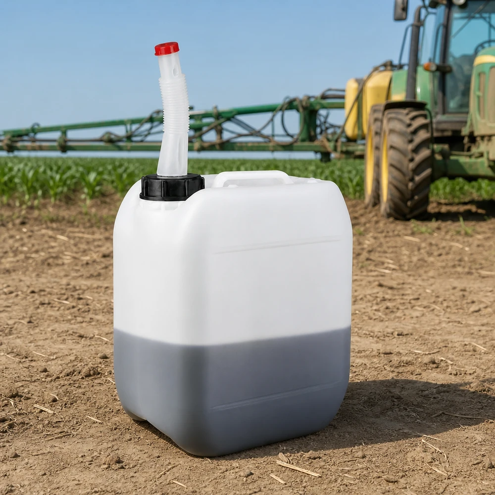 Tanica da 5 litri con tubo di uscita flessibile Tanica agricola da 5 litri con beccuccio flessibile accanto a un trattore John Deere con irroratrice