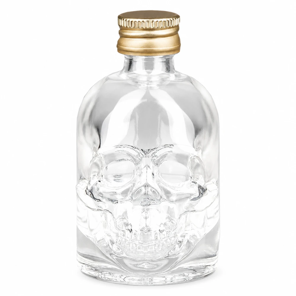 Bottiglia in vetro Hector da 50 ml con design a teschio e tappo a vite UNiTWIST dorato per liquori e bevande