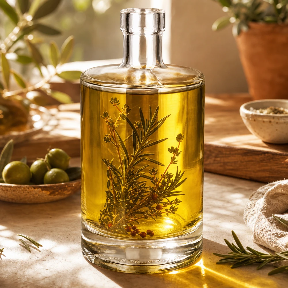 Bottiglia in vetro da 500 ml Marie senza tappo UNiTWIST® Bottiglia in vetro da 500 ml Marie riempita con olio alle erbe e rametti di rosmarino come esempio di utilizzo in cucina e per la decorazione