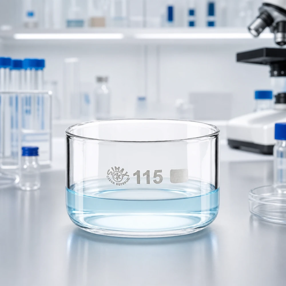 Piastra di cristallizzazione da 500 ml senza beccuccio Bo. ø115mm Vaschetta di cristallizzazione SIMAX da 500 ml riempita di acqua limpida, ripresa al microscopio in un laboratorio moderno