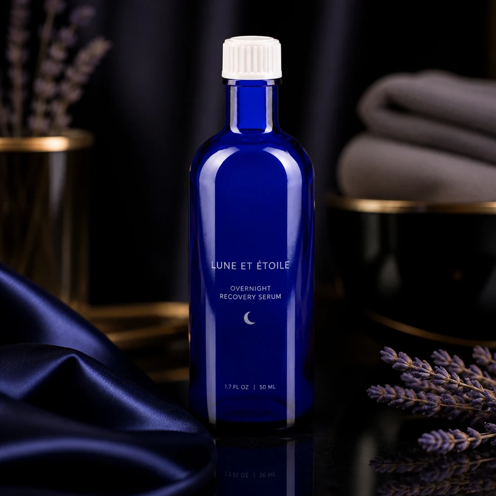 Flacone da farmacia blu cobalto da 50 ml con tappo a vite bianco su sfondo scuro