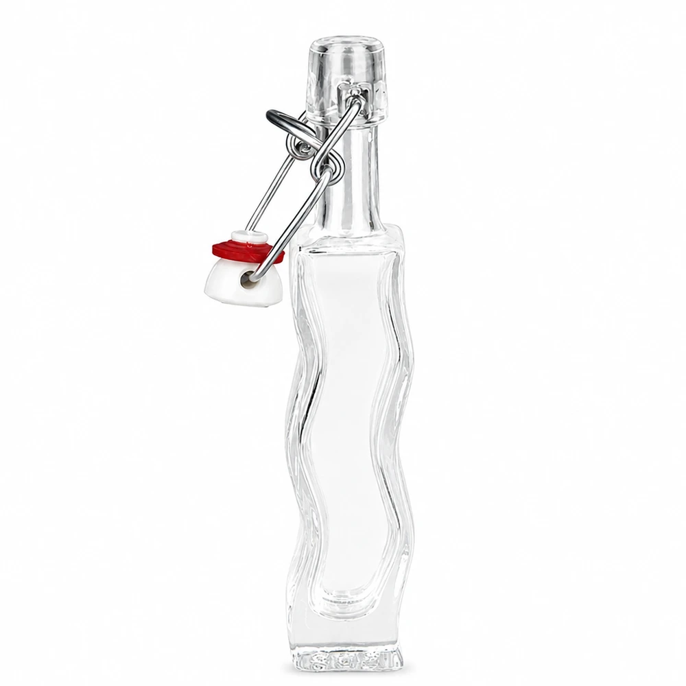 Bottiglia in vetro Anna da 40 ml con guarnizione in gomma rossa sul tappo oscillante, vista laterale dettagliata della forma curva