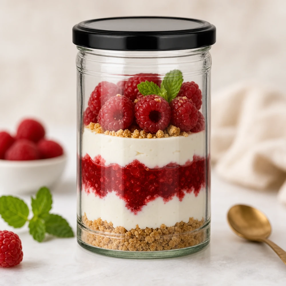 Vaso da 1053 ml con coperchio BasicSeal nero UN... 1053ml Sturzglas mit schwarzem Deckel als Dessertglas mit Himbeer-Schichtdessert und Keksboden dekoriert mit Minze