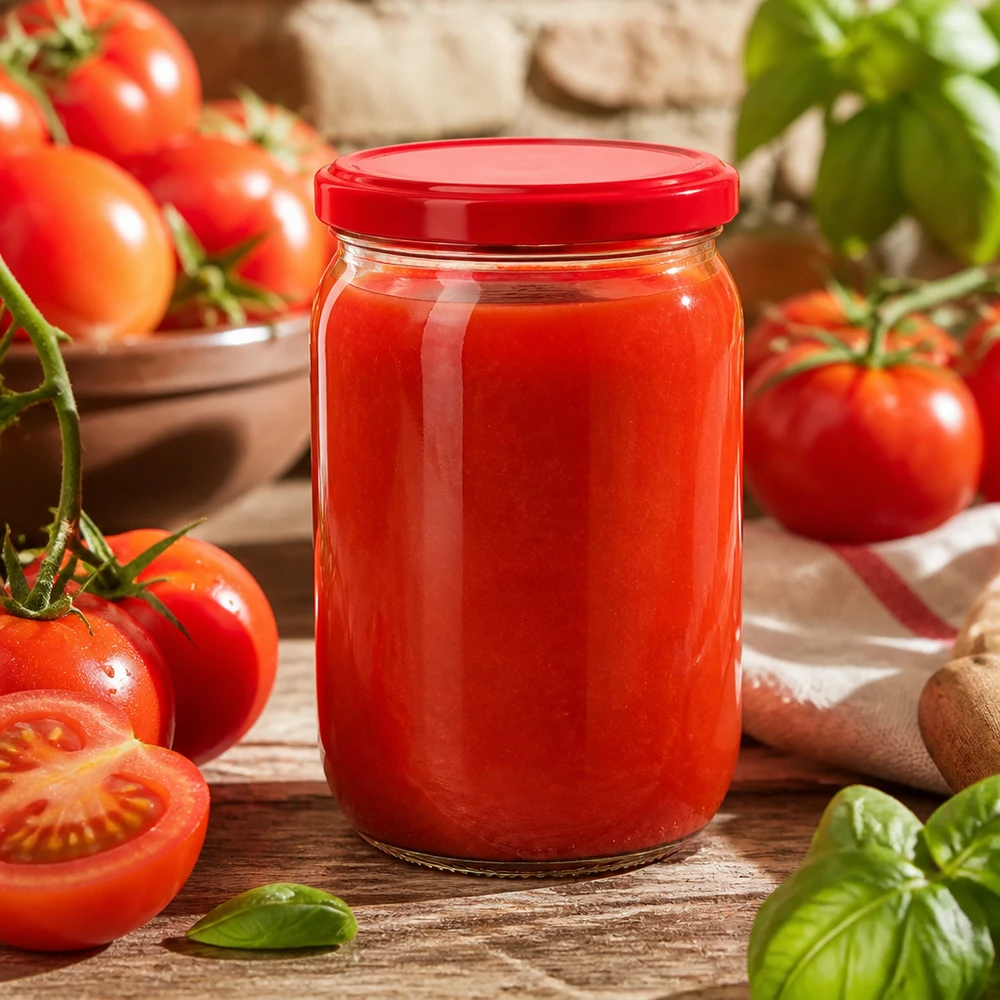 Vaso di vetro rotondo da 555 ml + coperchio BasicSeal rosso UNiTWIST Vaso rotondo UNiTWIST da 555 ml già riempito, con coperchio rosso BasicSeal, ideale per conservare piatti a base di pomodoro