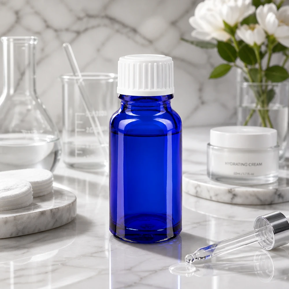 Flacone da farmacia blu da 10 ml con tappo bianco a prova di bambino su fondo marmorizzato