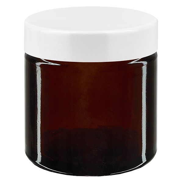 Barattolo di vetro da 60ml marrone, con coperchio in bachelite bianca ApoGlas Barattolo di vetro da 60ml marrone, con coperchio in bachelite bianca ApoGlas
