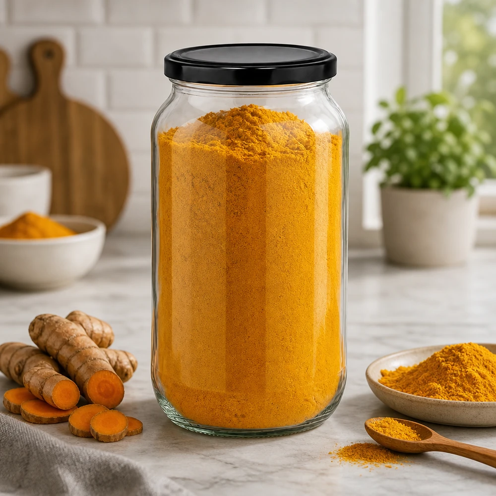 Barattolo rotondo da 1062 ml con coperchio BasicSeal nero UNiTWIST. 1062ml Rundglas gefüllt mit Kurkumapulver - praktische Gewürzaufbewahrung mit schwarzem BasicSeal Deckel in Küche