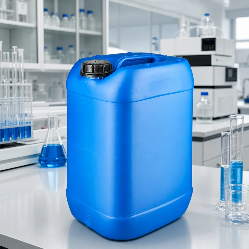 Tanica 25 litri blu con tappo a vite OV Tanica rettangolare in plastica da 25 litri, di colore blu, con tappo a vite OV nero, sul banco da lavoro del laboratorio