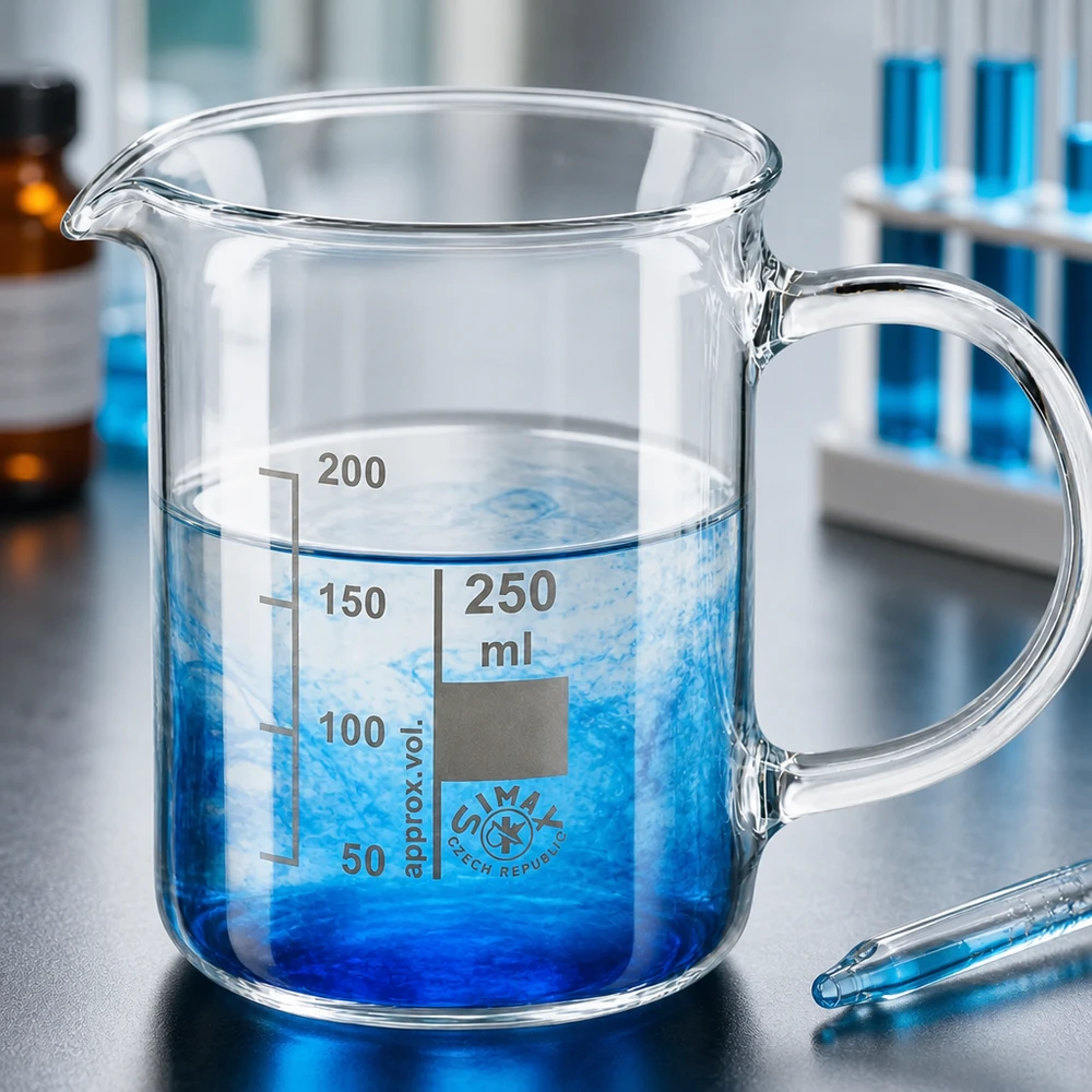 Bicchiere da laboratorio da 250 ml in vetro borosilicato con manico e soluzione blu disposta in diversi strati