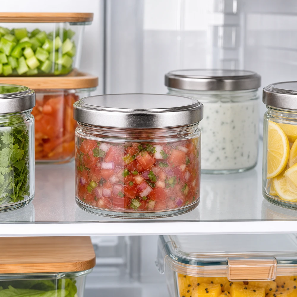Vaso rotondo da 540 ml + coperchio BasicSeal argento opaco UNiTWIST. Barattoli rotondi da 540 ml con coperchi argentati in frigorifero, contenitori per la preparazione della salsa e delle verdure pre-tagliate.
