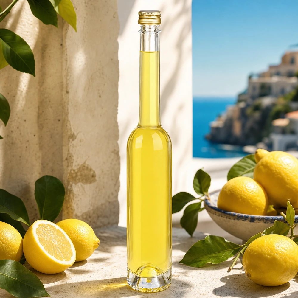 Bottiglia in vetro da 100 ml Toni con tappo a vite argento UNiTWIST® Bottiglia in vetro da 100 ml di Toni riempita di liquore al limone - tappo d'oro UNiTWIST in una cornice mediterranea con limoni