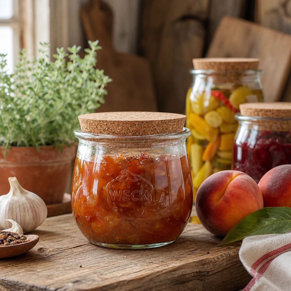 Vasetto per tulipani da 370 ml WECK RR80 con tappo in sughero naturale Barattolo da conserva WECK da 370 ml con coperchio in sughero riempito di marmellata in una cucina rustica accanto a pesche fresche