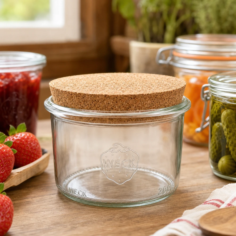 Bicchieri da 200 ml WECK RR80 con tappo in sughero naturale Vaso per conserve WECK 200ml RR80 con coperchio in sughero in una cucina rustica accanto a marmellata e cetriolini sott'aceto