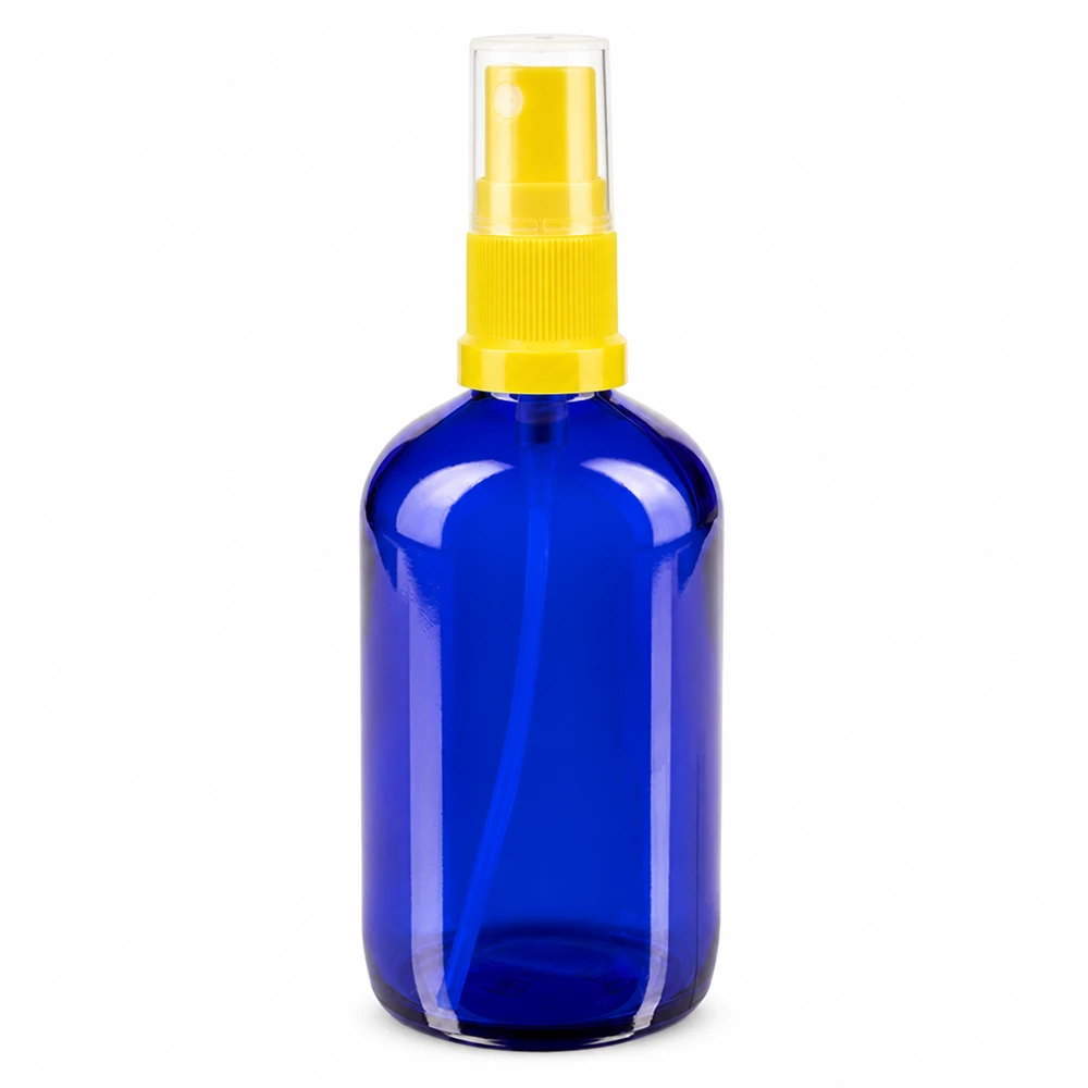Flacone da 100 ml blu con attacco a spruzzo giallo/trasparente apoGlas Flacone spray in vetro blu da 100 ml con nebulizzatore giallo, in vetro da farmacia, qualità standard